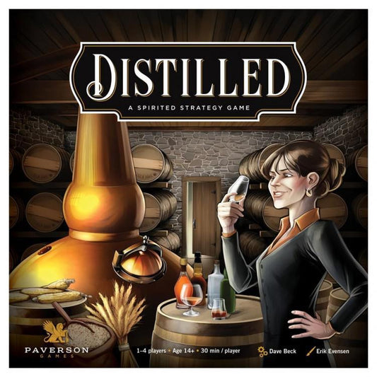 Distilled: A Spirited Strategy Game board game with woman holding a glass in a distillery setting with barrels.
