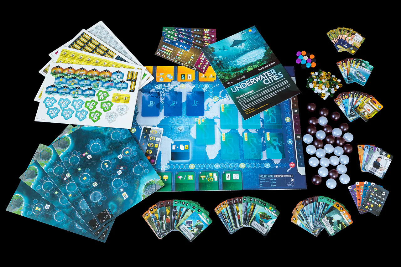 Underwater Cities board game with boards, cards, tiles, tokens, and game pieces for building underwater cities.