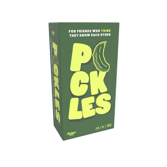 Pickles party game in a green box with yellow text and an illustrated pickle on the front.
