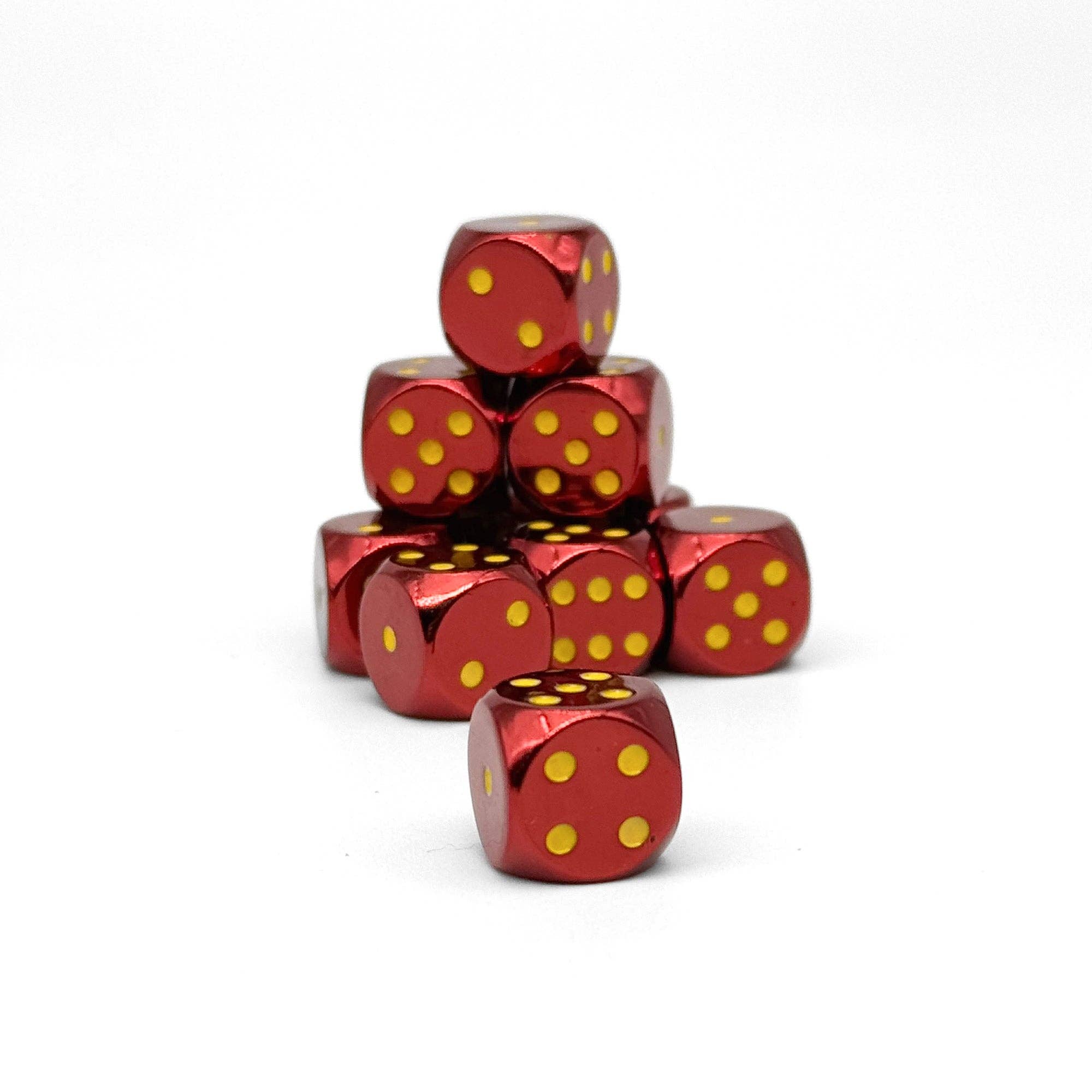 Ten red Warpips: Fireball 10-12mm D6 dice with yellow pips, stacked in a pyramid on a white background.