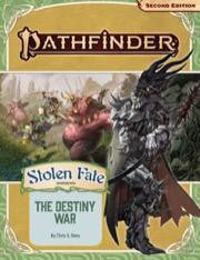 Pathfinder AP The Destiny War Stolen Fate cover featuring a battle and armored figure holding the Deck of Destiny.
