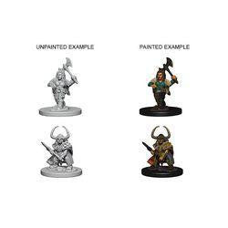 Two unpainted Nolzur’s Marvelous Female Dwarf Barbarian miniatures, each equipped with weapons and armor.