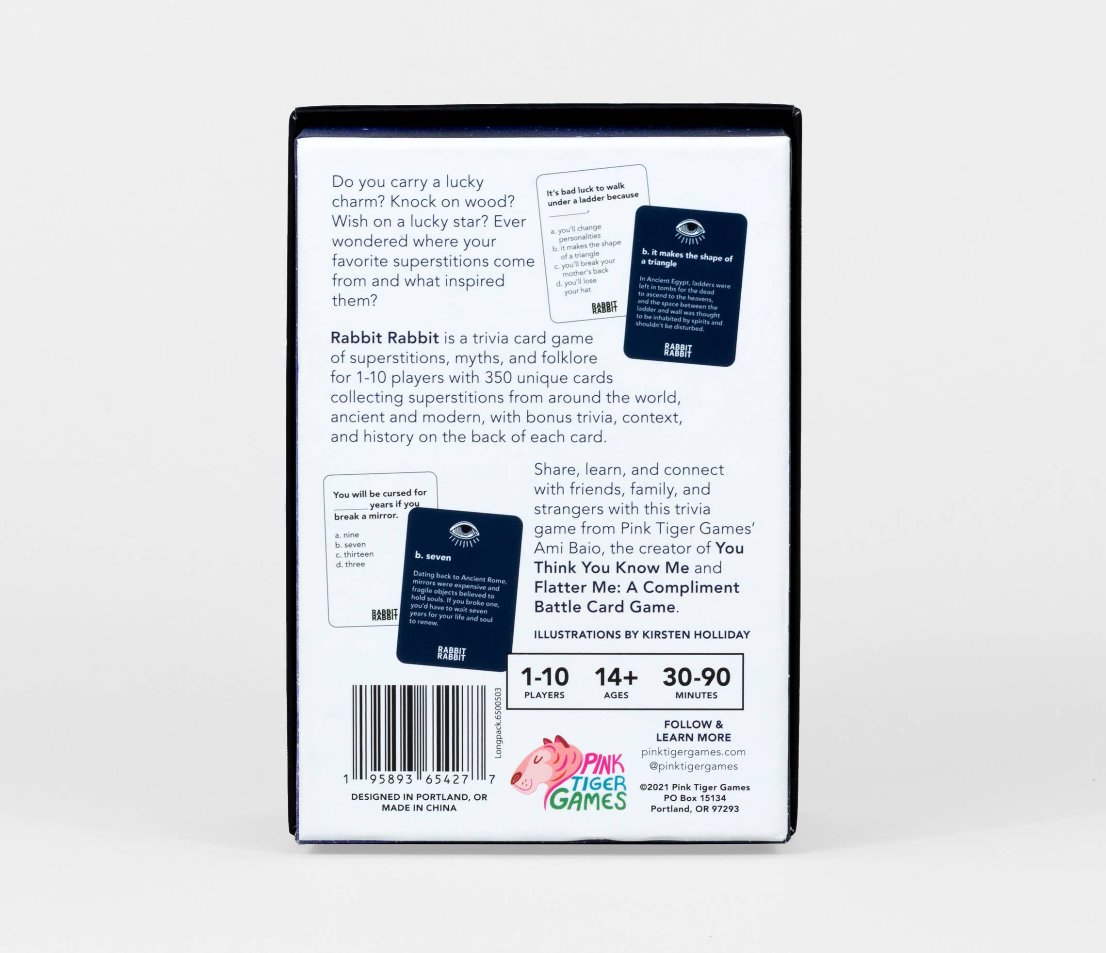 Back of Rabbit Rabbit: A Game of Superstitions box showing game details, age range, player count, and superstition references.