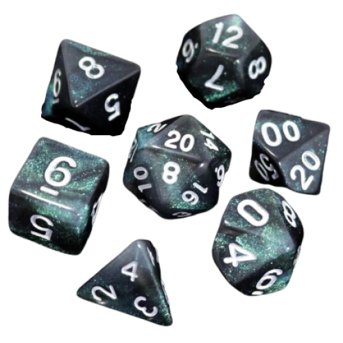 Everclear Aurora RPG Dice Set: 7 black resin dice with white numbers, includes d20, d12, d10, d8, d6, and d4.