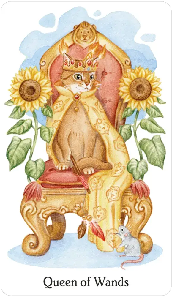 Caticorn Tarot deck featuring a crowned cat on a throne with sunflowers, cape, and wand.