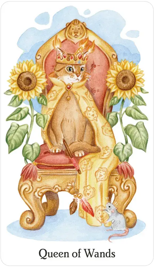 Caticorn Tarot deck featuring a crowned cat on a throne with sunflowers, cape, and wand.