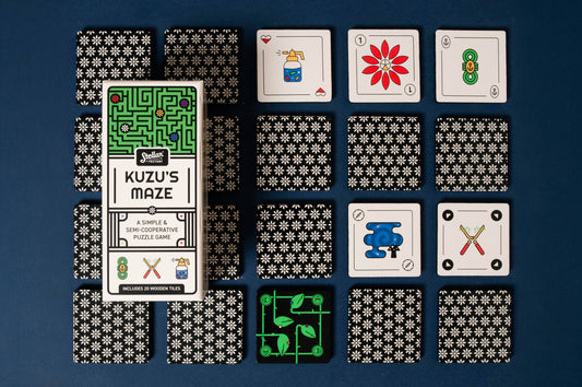 Kuzus Maze semi-cooperative puzzle game with tiles showing flowers, tools, and icon challenges.