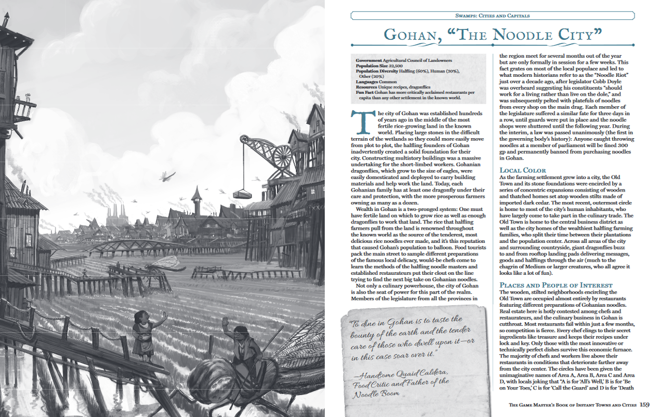 Black-and-white illustration of a riverside city dock from The Game Masters Book of Instant Towns and Cities.