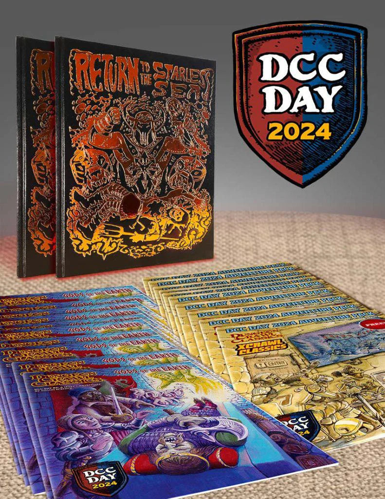 Return to Starless Sea: Foil HC Exclusive books stacked with a DCC Day 2024 shield logo next to them.
