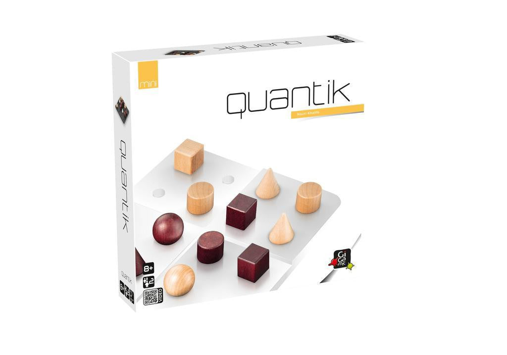 Quantik Mini game with geometric wooden pieces arranged on a white board.
