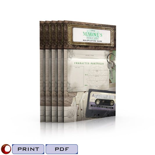 The Magnus Archives RPG set with five character portfolios, each including a campaign journal and vintage cassette tape.
