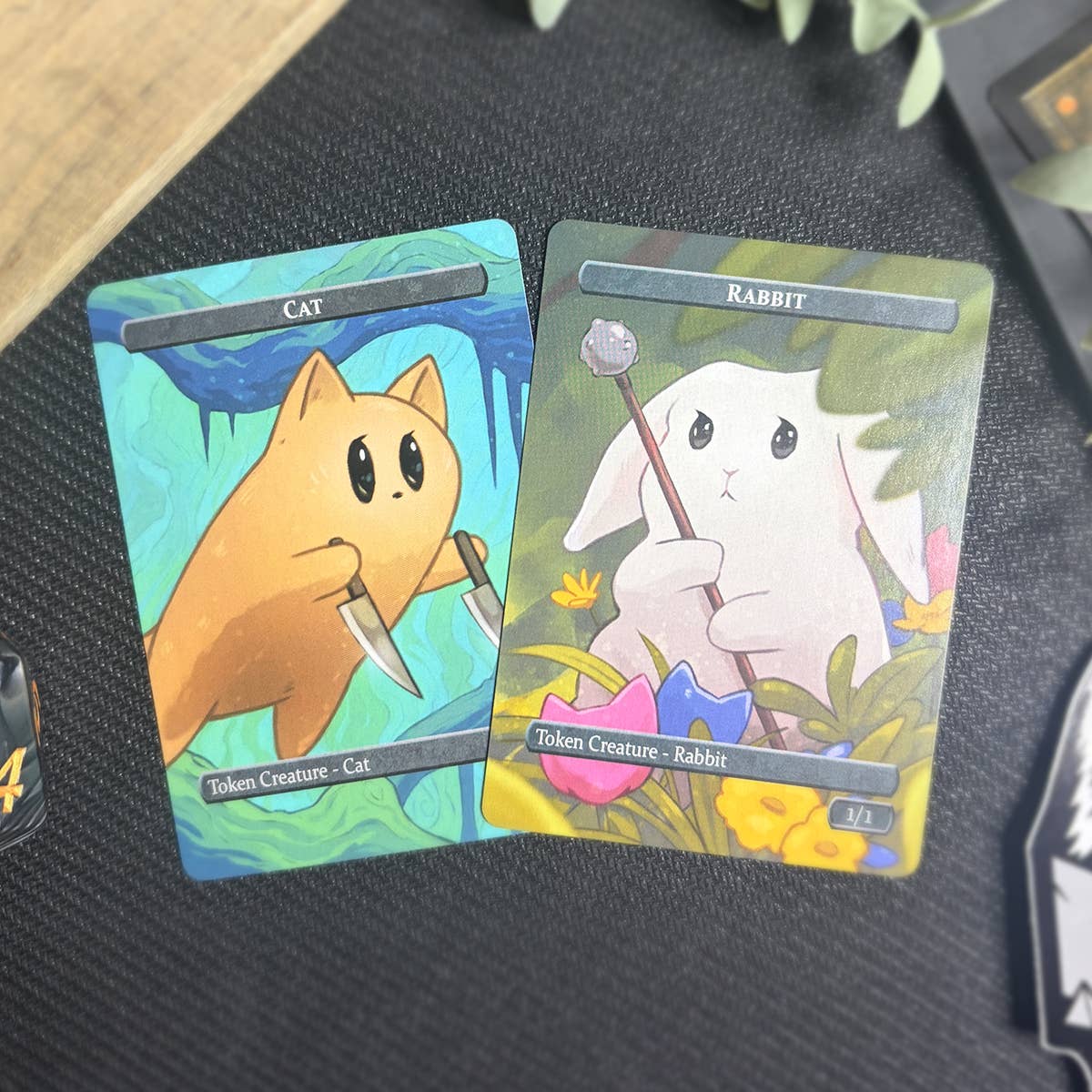 Rabbit & 2/2 Cat Token Set showing a cat with raised claws and a rabbit with a stick.