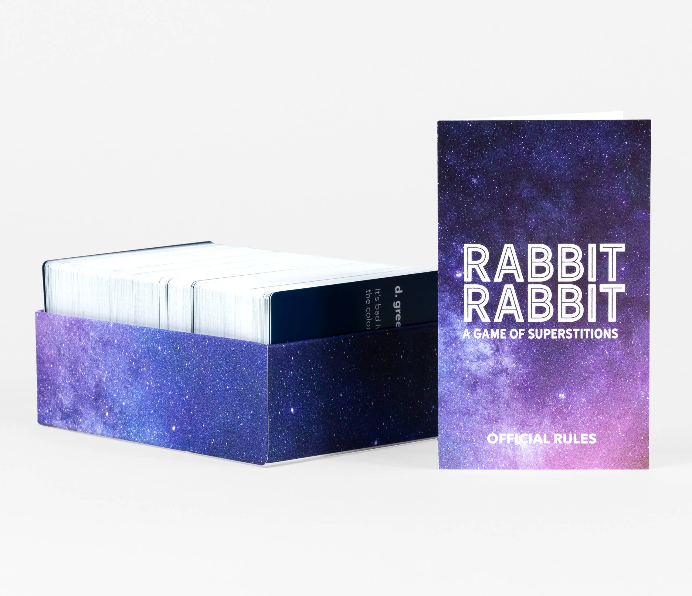 Rabbit Rabbit: A Game of Superstitions card game box and rulebook.