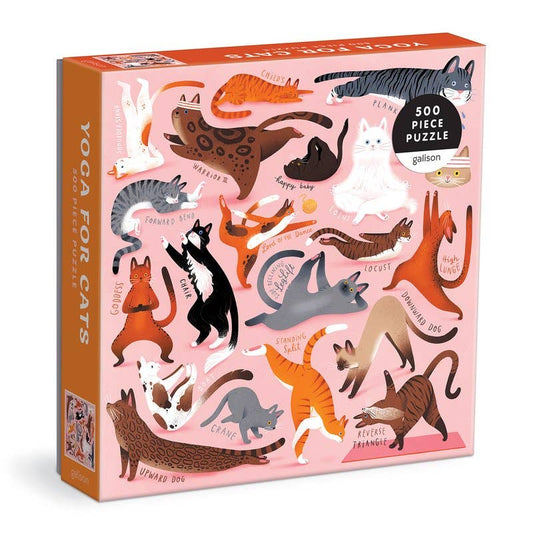 The Yoga for Cats 500 Piece Puzzle with illustrated cats in yoga poses on a pink background.