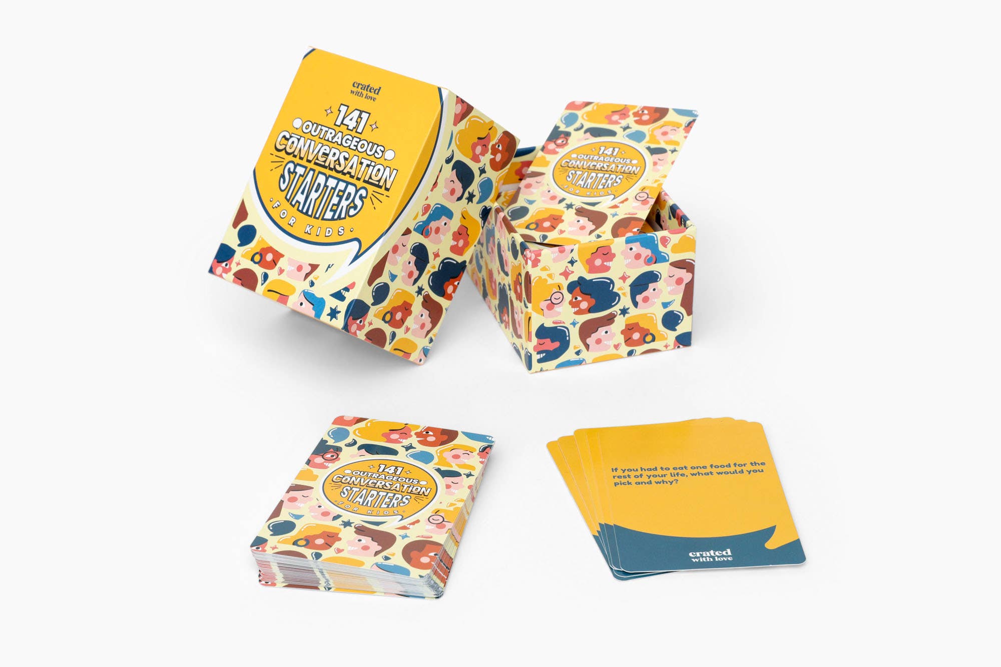 Card game for kids with 141 conversation starter cards, displayed both inside and outside an open box.