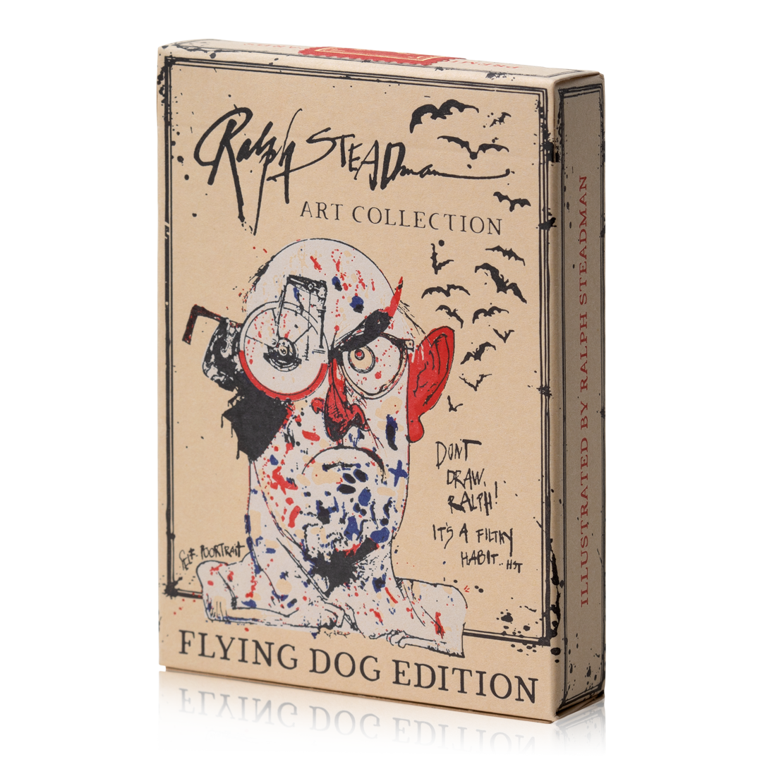 Flying Dog Edition 1 playing cards deck box with Ralph Steadman art, stylized self-portrait, and text.