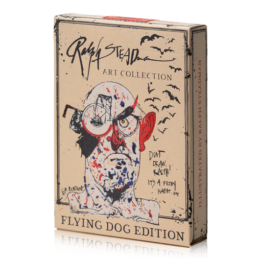 Flying Dog Edition 1 playing cards deck box with Ralph Steadman art, stylized self-portrait, and text.