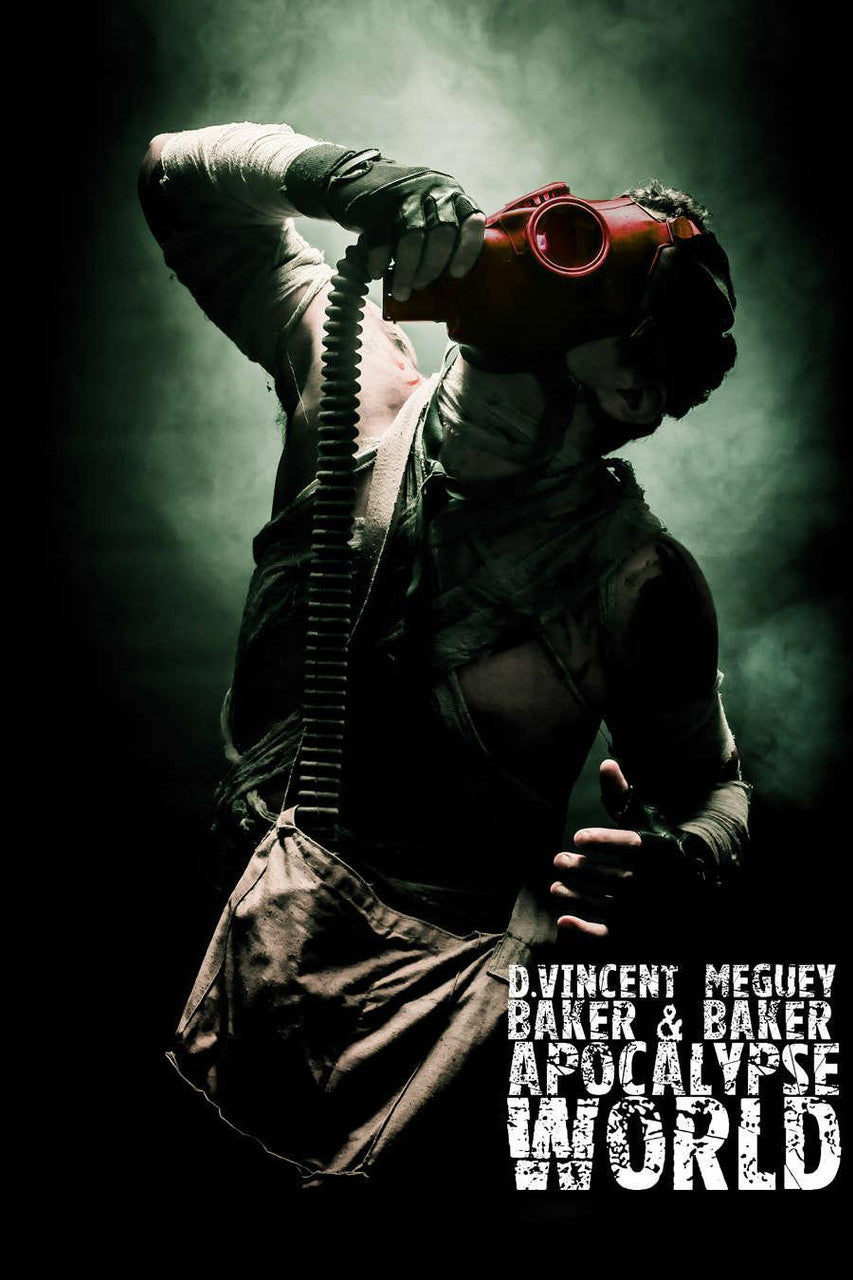 Apocalypse World 2e softcover, post-apocalyptic RPG. Bandaged figure in gas mask and smoke on cover.