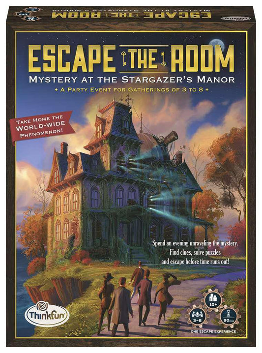 Escape the Room: Mystery at Stargazers Manor game box featuring people near a mansion.