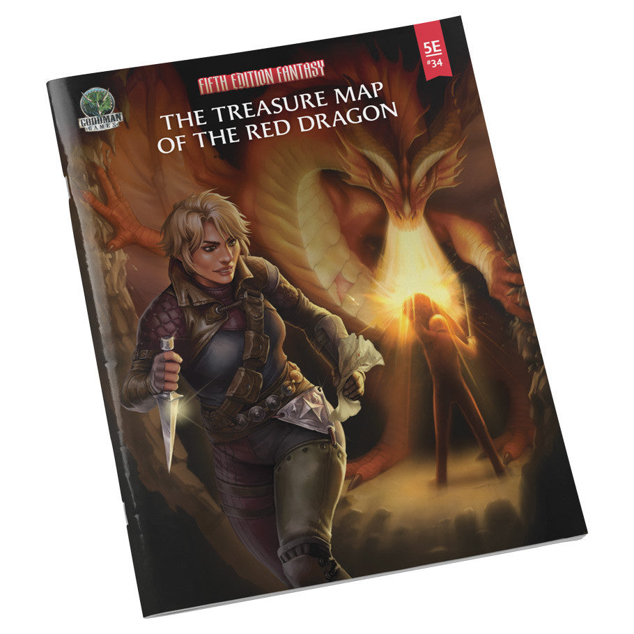 Fifth Edition Fantasy 34: The Red Dragons Treasure Map cover with warrior, red dragon, and treasure hoard in lair.