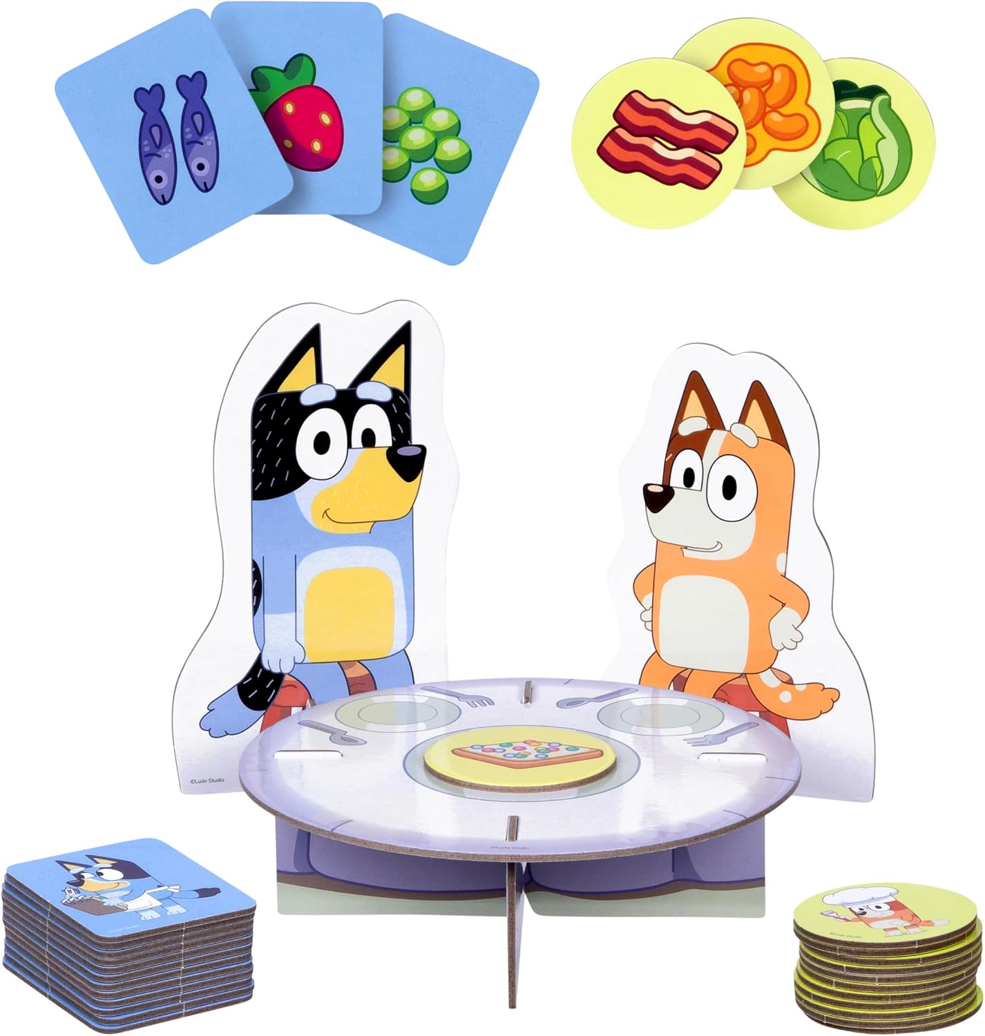 Bluey - Fancy Restaurant Game with Bluey, Bingo figures, food cards, and tokens for memory matching activities.
