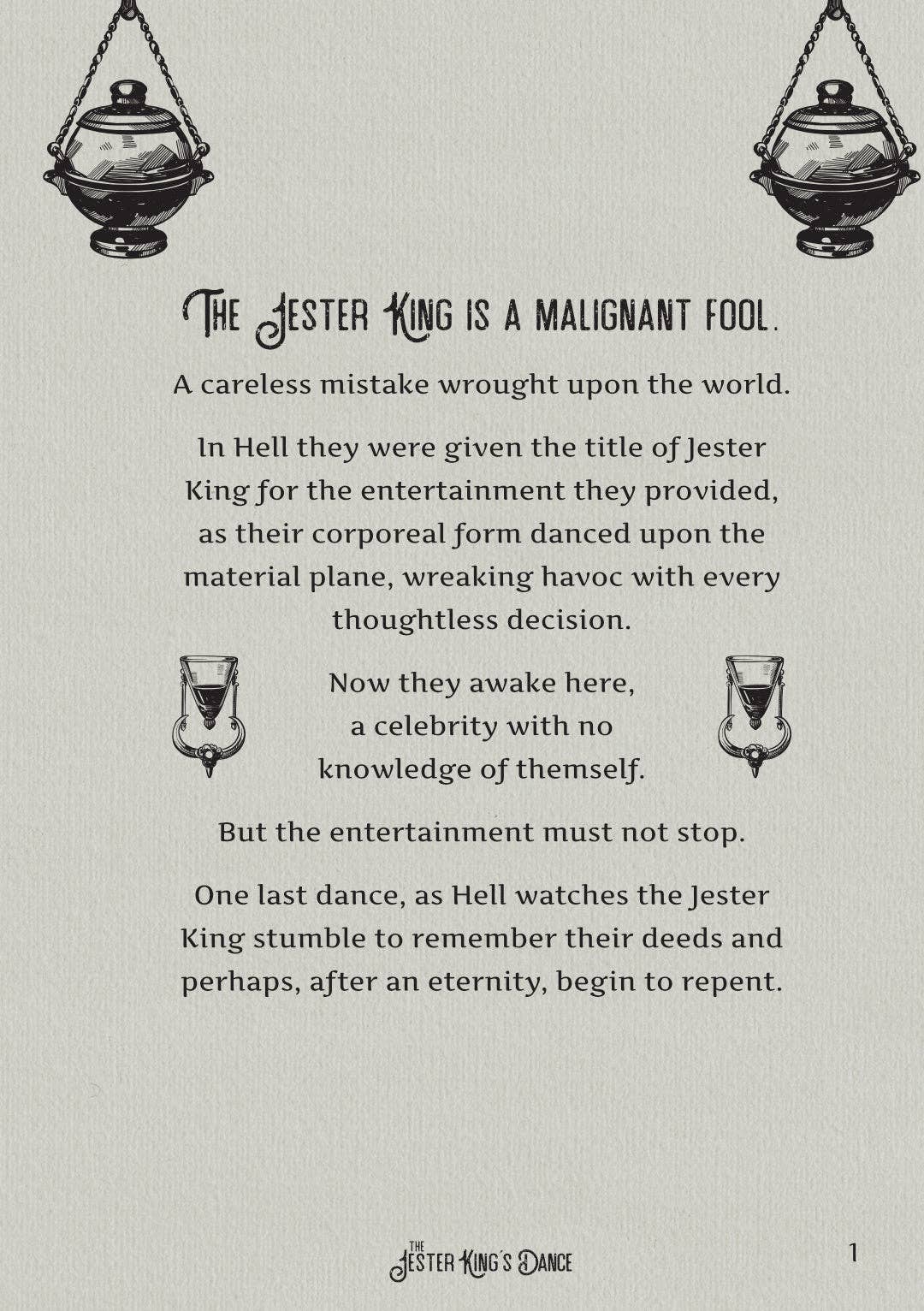 Page from Jester Kings Dance 2e solo journaling mystery game with gothic text and ornate lantern illustrations.