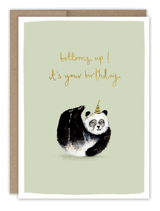 Bottoms Up Panda Birthday Card with party-hat panda and bottoms up it’s your birthday on recycled paper.