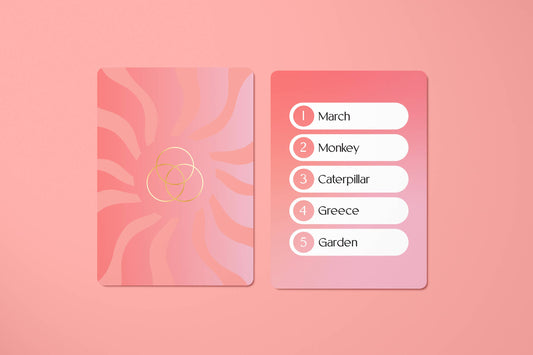 Two pink Sync cards: one features swirls, the other lists March, Monkey, Caterpillar, Greece, and Garden.