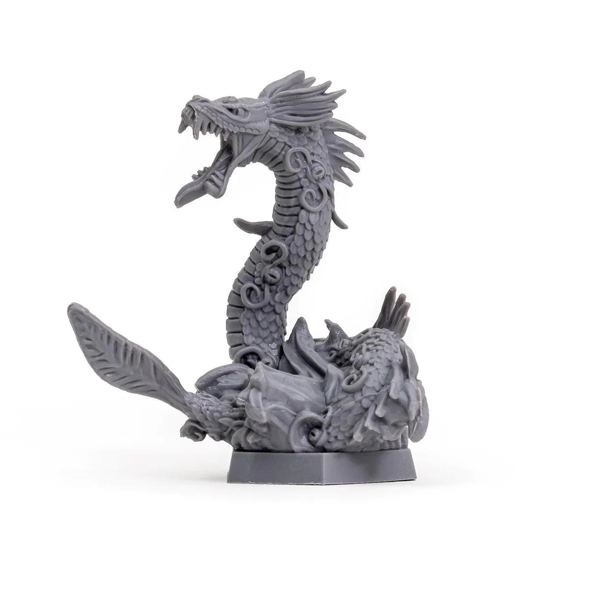 Gray coiled dragon miniature with detailed scales for Ukotoa Critical Role board game, on a round base.