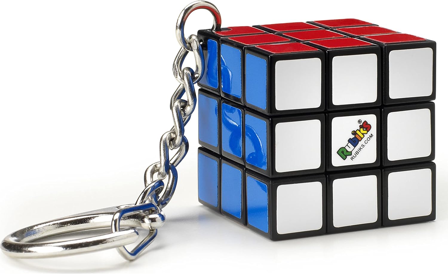 Rubiks Cube keyring with red, blue, and white faces attached to a keychain.