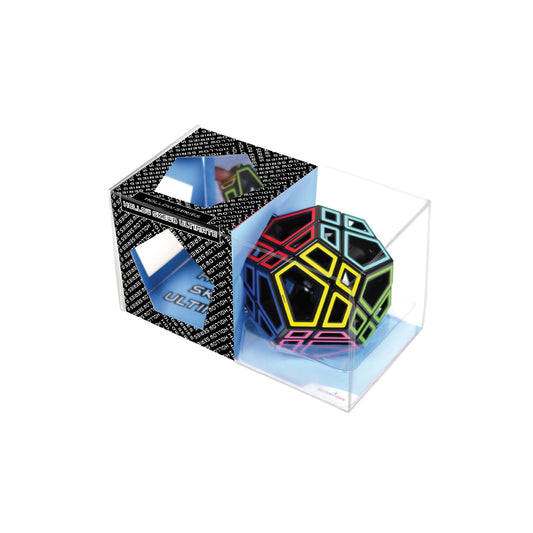 Mefferts Hollow Skewb Ultimate, a colorful dodecahedron puzzle, partially enclosed in a clear and black asymmetrical box.
