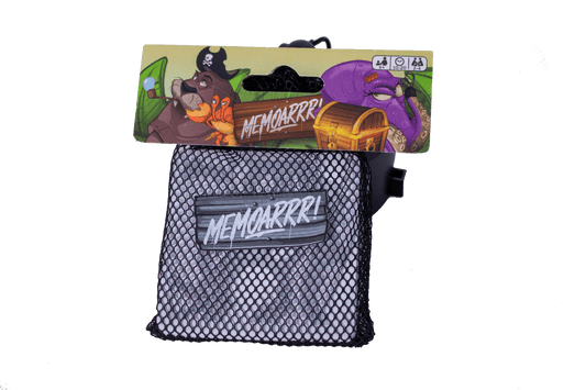 Mesh pouch labeled MEMOARR with pirate-themed tag for Memoarr Beach Edition memory game.