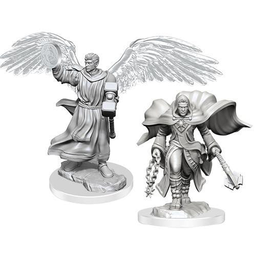 D&D Nolzurs Marvelous Miniatures W20 Male Aasimar Cleric, set of 2 unpainted figures: winged cleric and mace-wielder.