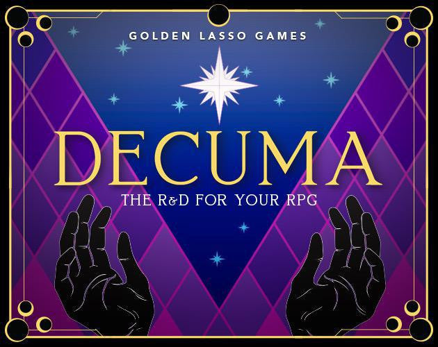 Decuma world-building RPG card game box by Gold Lasso Games, featuring a star on a purple geometric background.