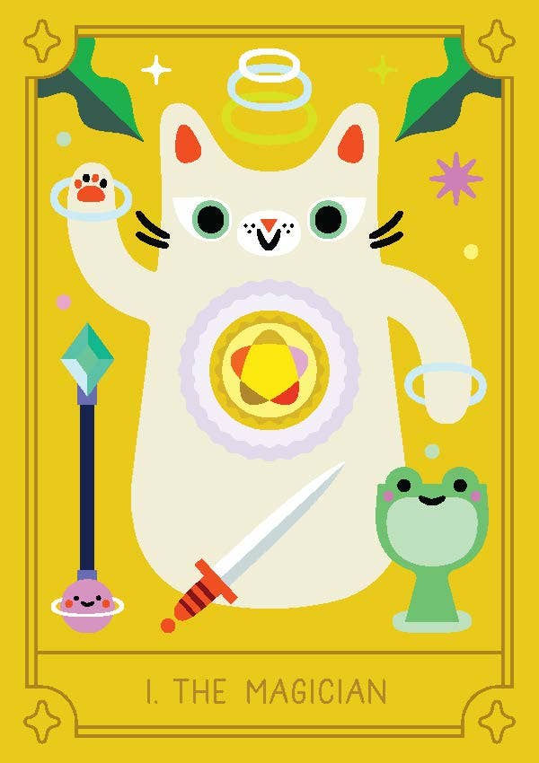Mystic Cats Tarot card deck featuring The Magician card with a white cat on a yellow background.