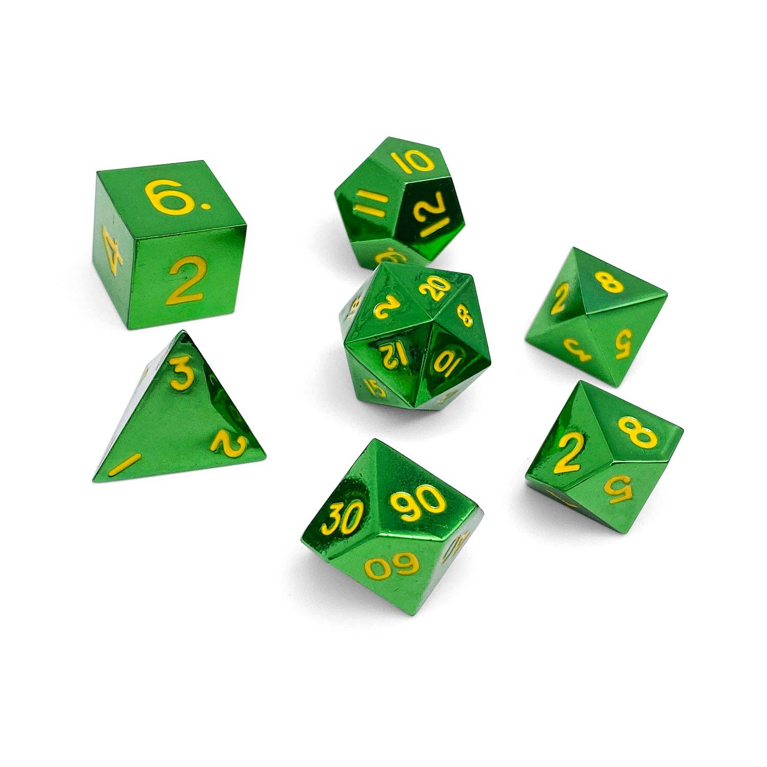Goblin Horde 7 Piece Metal D&D Dice Set with green dice and yellow numbers.