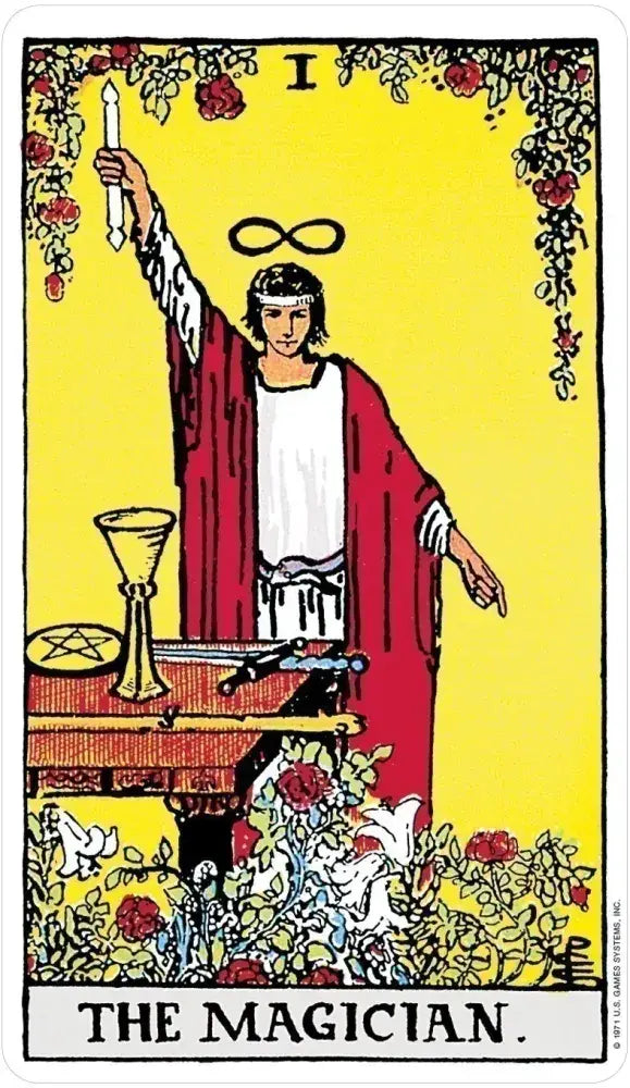 The Magician card from the Rider-Waite Tarot Deck showing a figure with a wand and symbolic tools.