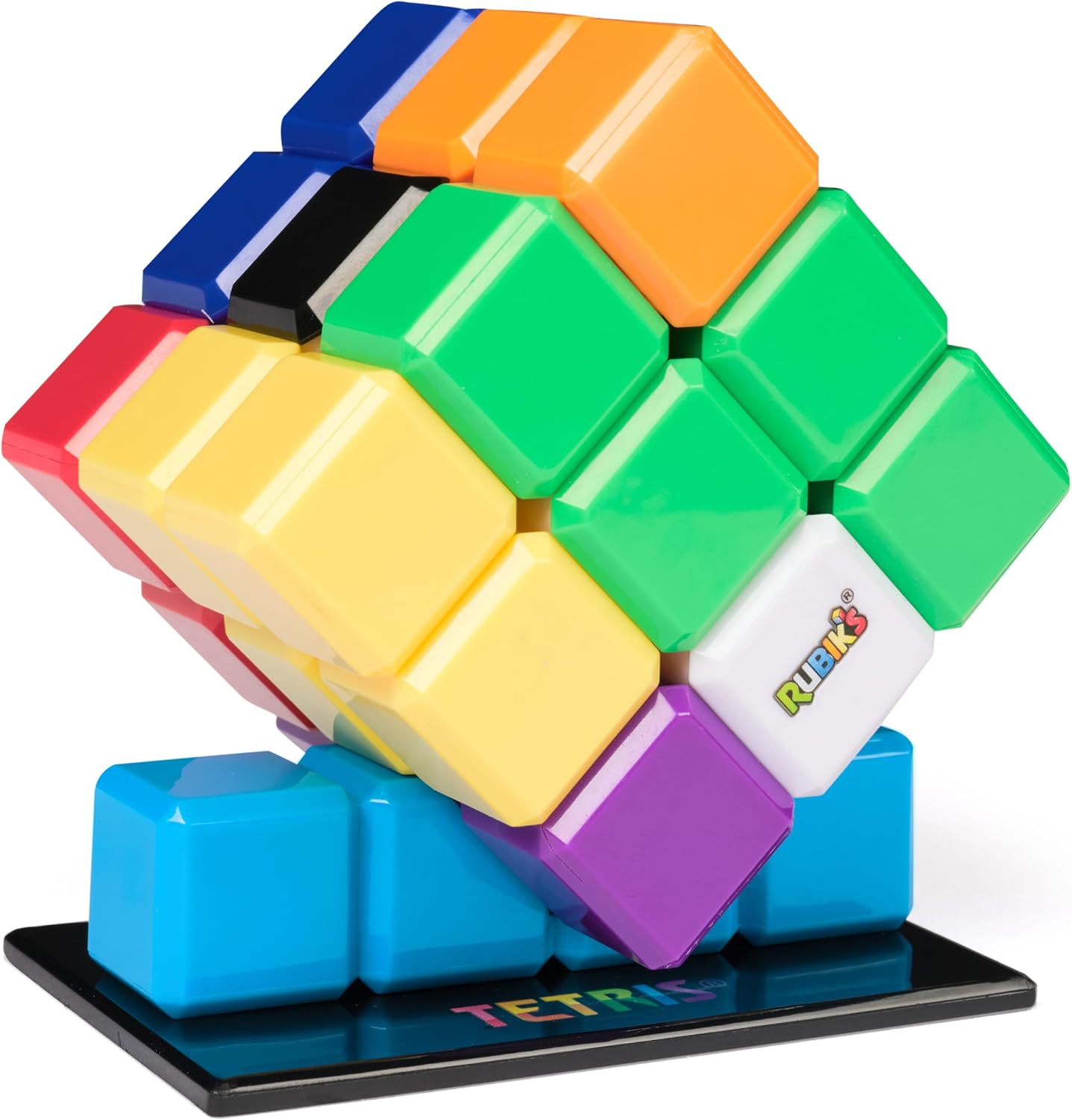 Rubiks Tetris Cube with large square tiles displayed tilted on a black puzzle stand.