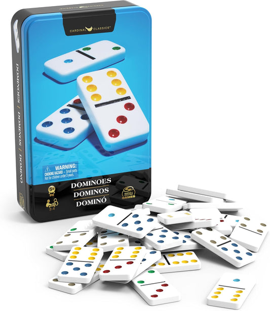 Colorful Classics Double 6 Domino set in tin with domino pieces displayed in front.