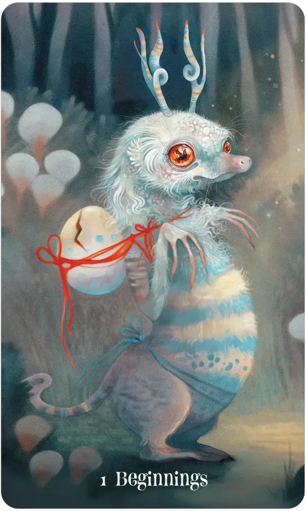 Wisdom of the Wild Things Oracle featuring an antlered creature holding an egg in a misty forest.