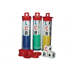 LCR Left Center Right Wild game with three labeled tubes, colored chips, and three dice.