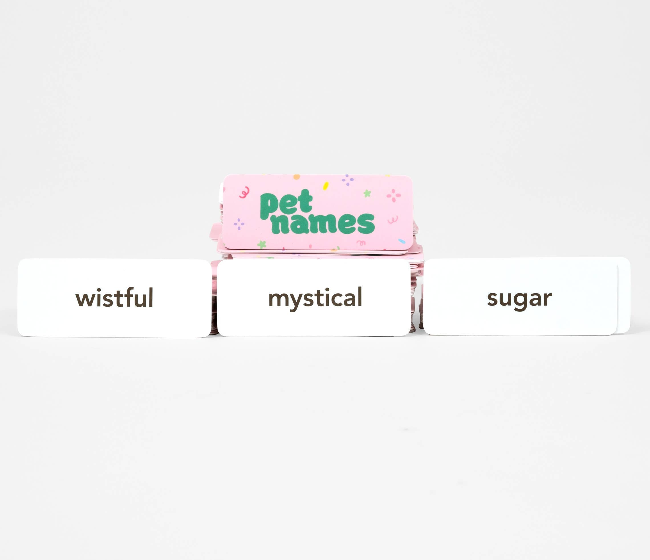 Pet Names: A Game of Endearments with three cards displayed labeled wistful, mystical, and sugar.