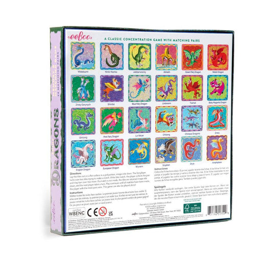 A box of Dragons Shiny Memory & Matching Game cards featuring unique dragon illustrations on each tile.