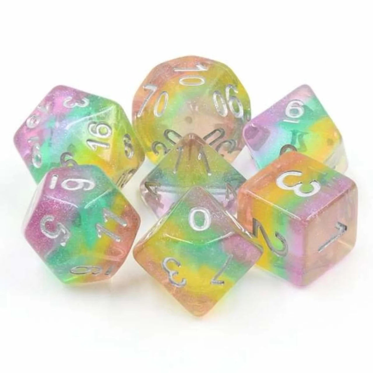 Fairy Dust RPG Dice Set with seven rainbow gradient polyhedral dice for Dungeons & Dragons.