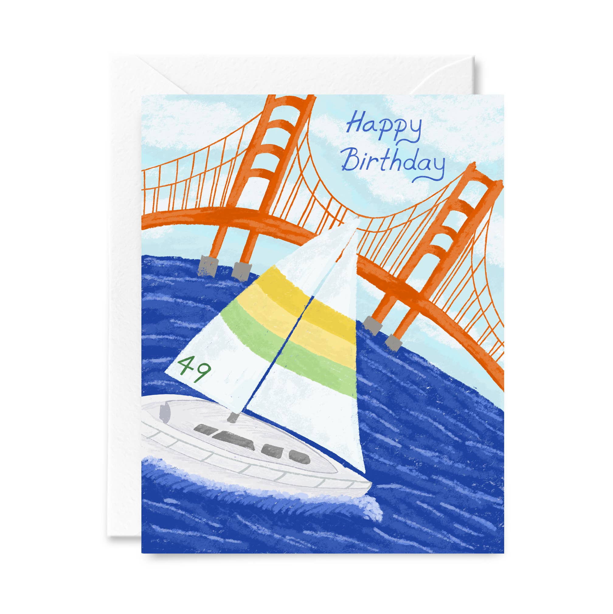Sailing Golden Gate Bridge Birthday Greeting Card featuring a sailboat, blue water, and Happy Birthday text in the sky.