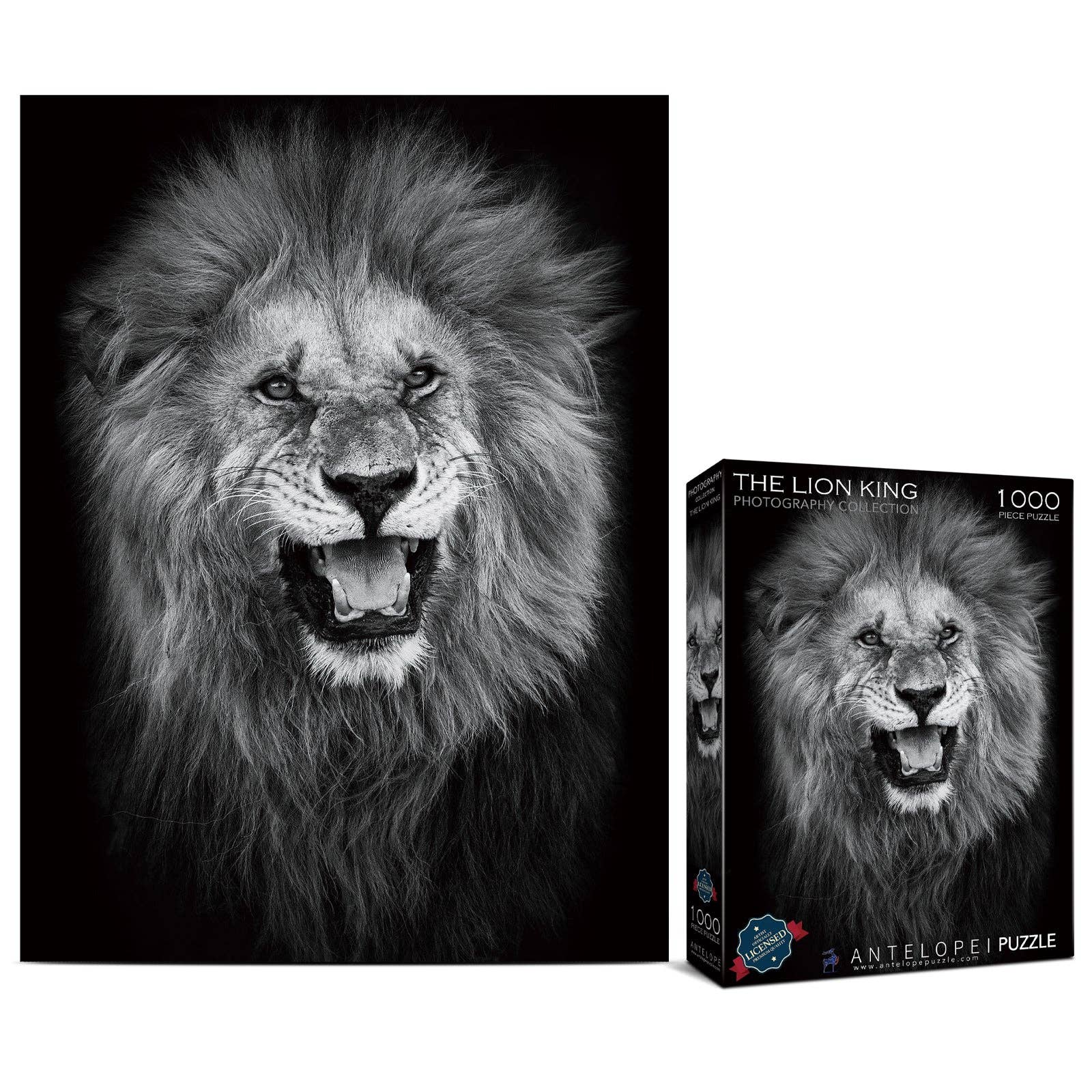 The Lion King 1000 Piece Jigsaw Puzzle featuring a black and white lion with detailed mane; poster included.
