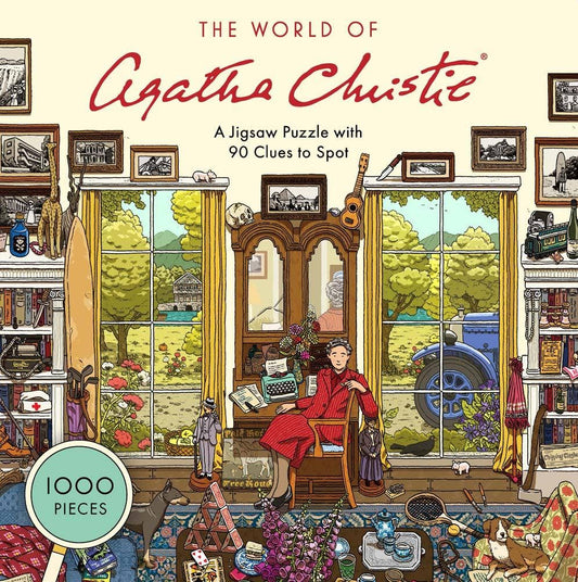 The World of Agatha Christie 1000 Piece Puzzle on a table with books; woman reading in background.