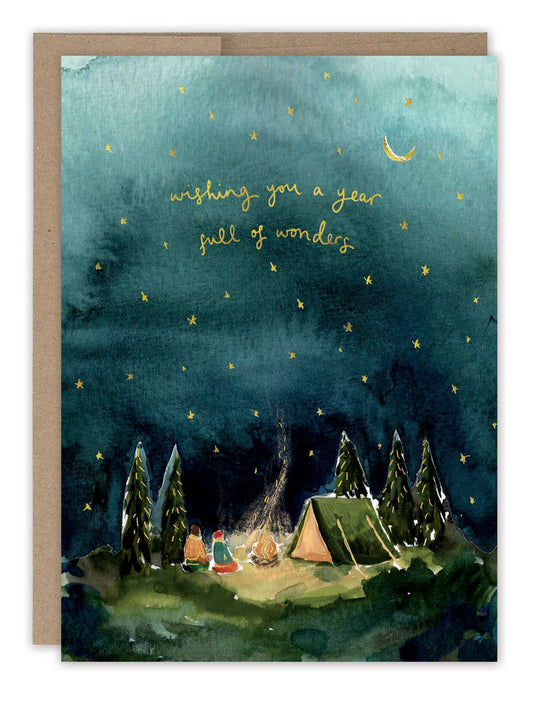Starry Night Camping Birthday Card with campsite, tent, campfire, and people under a starry sky.