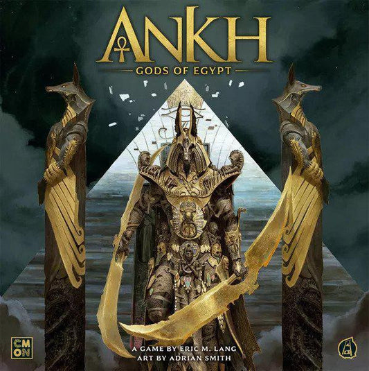 Ankh Gods of Egypt board game with armored pharaoh and two Anubis statues shown on the packaging.