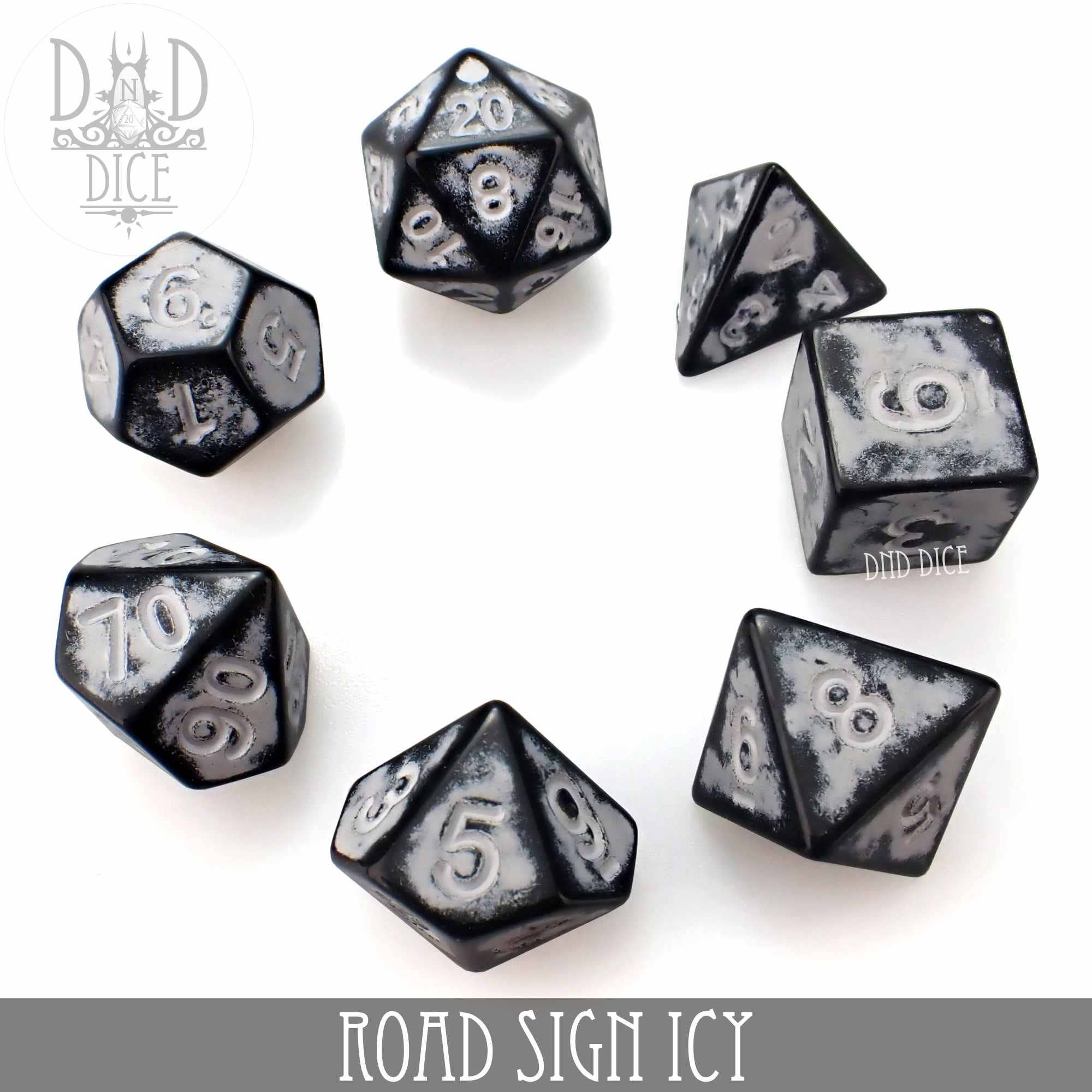 Set of seven Road Sign Icy acrylic dice with icy patterns, for tabletop gaming.